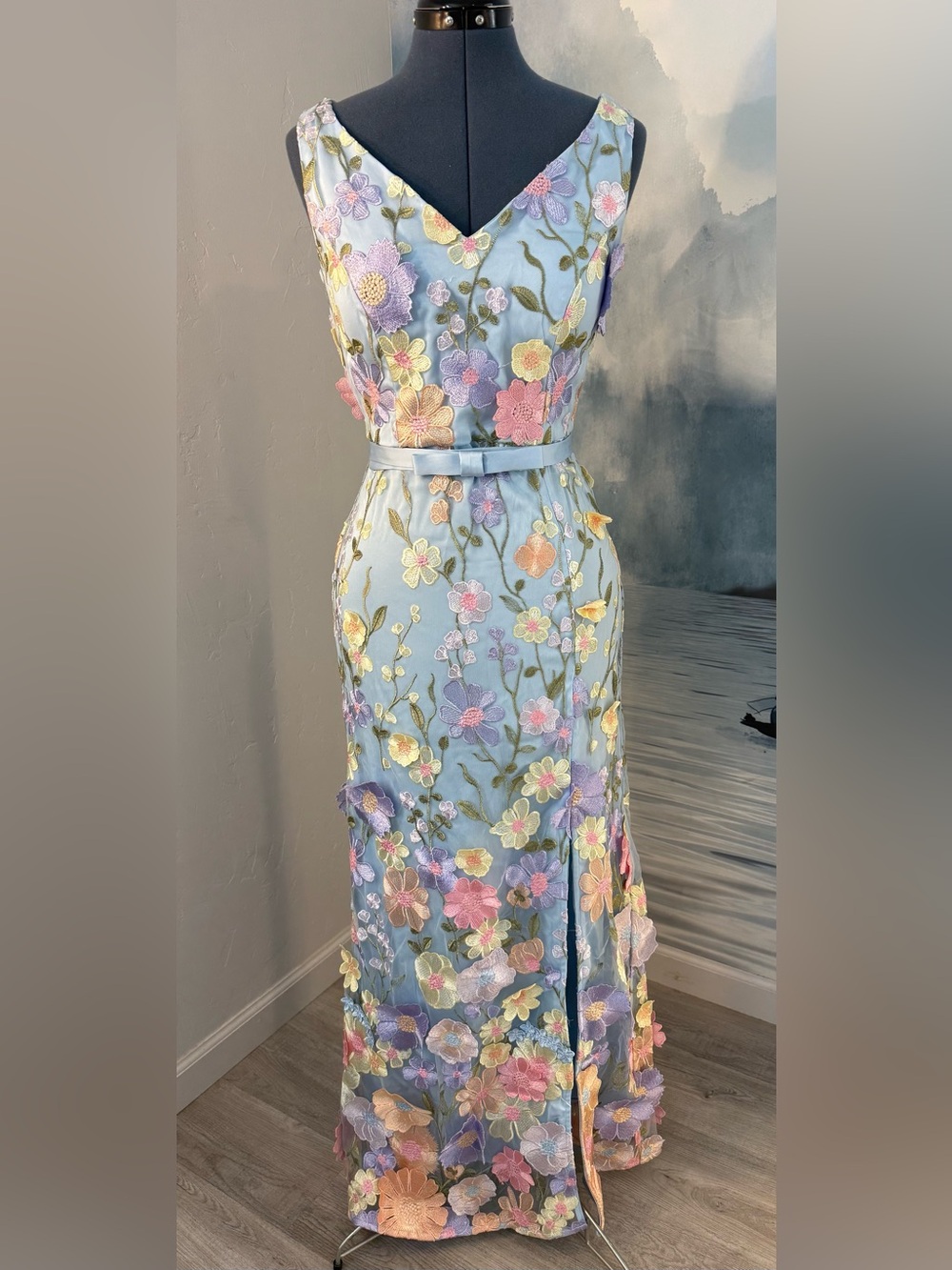 Pastel Blue Floral Embroidered Maxi Dress with Belt #408